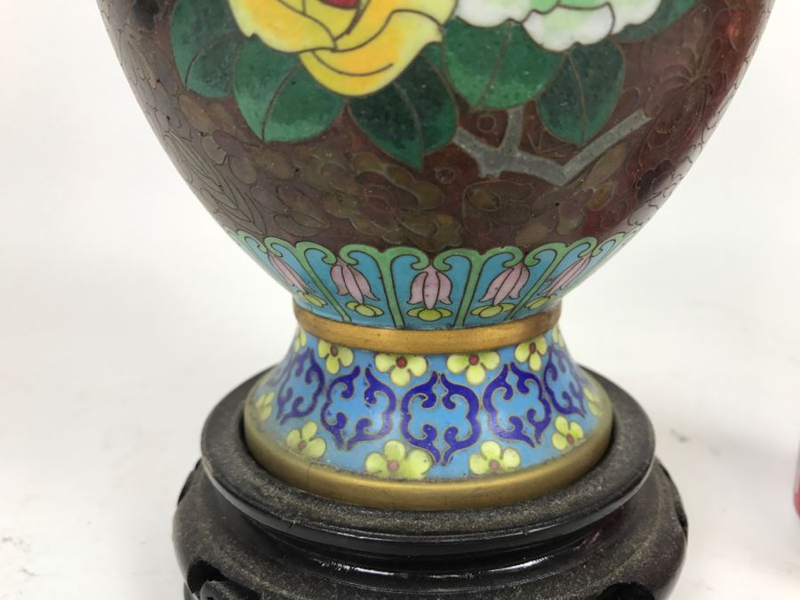 ZI JIN CHENG Vintage Chinese Cloisonne Vase With Wooden Stand [Photo 8]