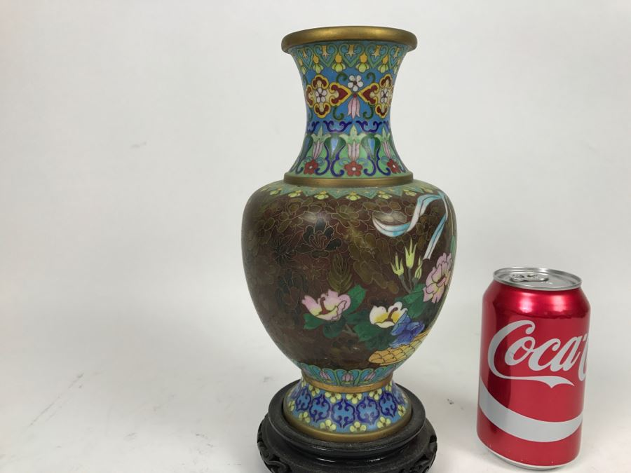 ZI JIN CHENG Vintage Chinese Cloisonne Vase With Wooden Stand [Photo 13]