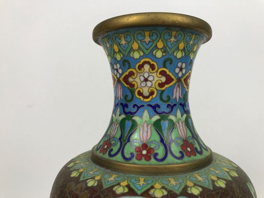 ZI JIN CHENG Vintage Chinese Cloisonne Vase With Wooden Stand