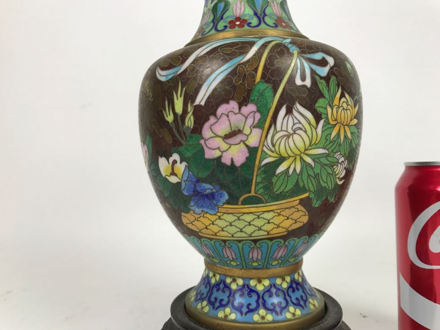 ZI JIN CHENG Vintage Chinese Cloisonne Vase With Wooden Stand [Photo 11]