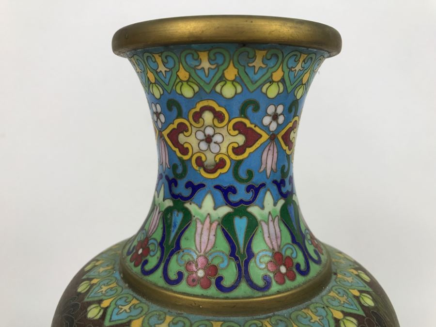 ZI JIN CHENG Vintage Chinese Cloisonne Vase With Wooden Stand