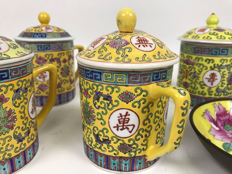 Set Of Chinese Lidded Tea Cups With Chinese Decorative Plate [Photo 5]