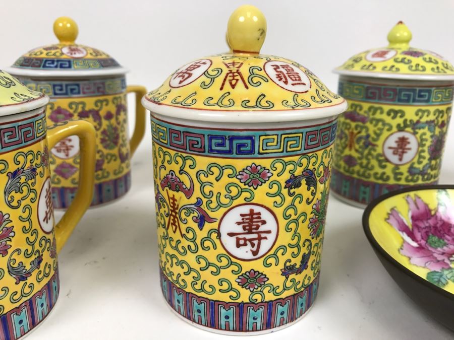 Set Of Chinese Lidded Tea Cups With Chinese Decorative Plate [Photo 3]