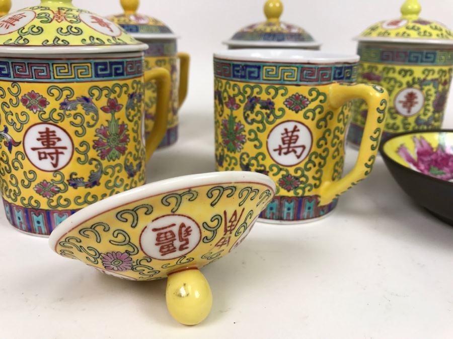 Set Of Chinese Lidded Tea Cups With Chinese Decorative Plate [Photo 7]