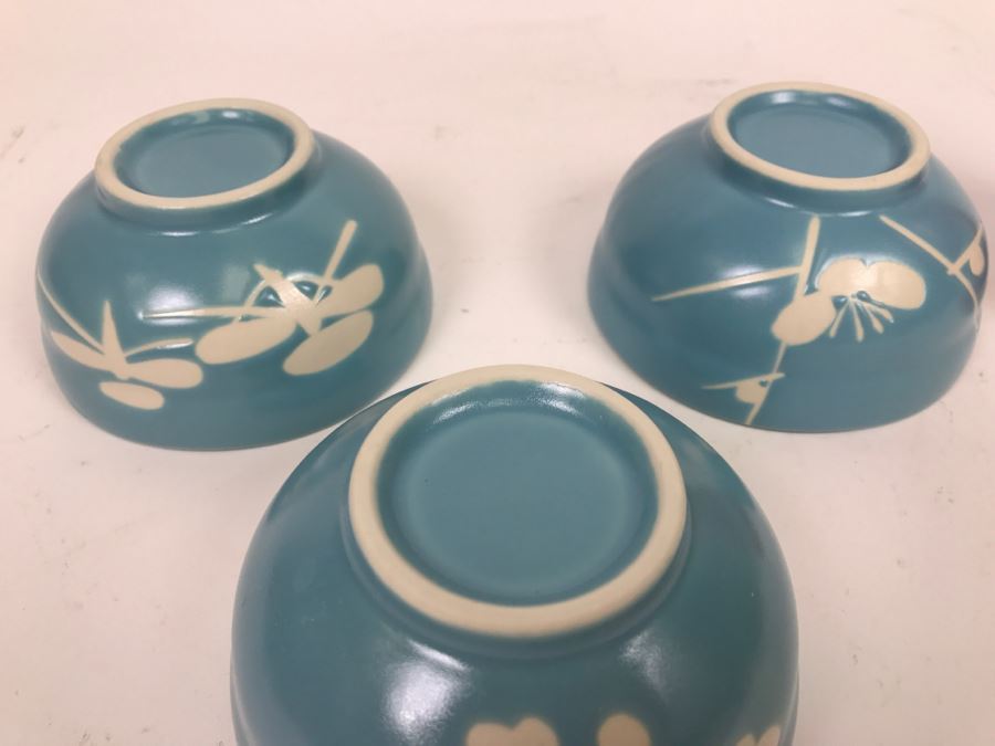 Set Of 3 Blue Glaze Asian Pottery Bowls [Photo 13]
