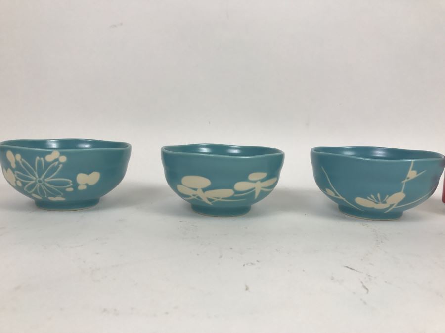 Set Of 3 Blue Glaze Asian Pottery Bowls