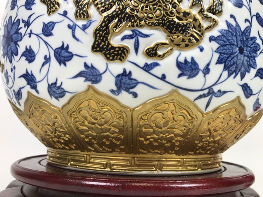 Large Chinese Blue White And Gold Vase With Stand And Silk Box Retailed For $1,650 [Photo 4]