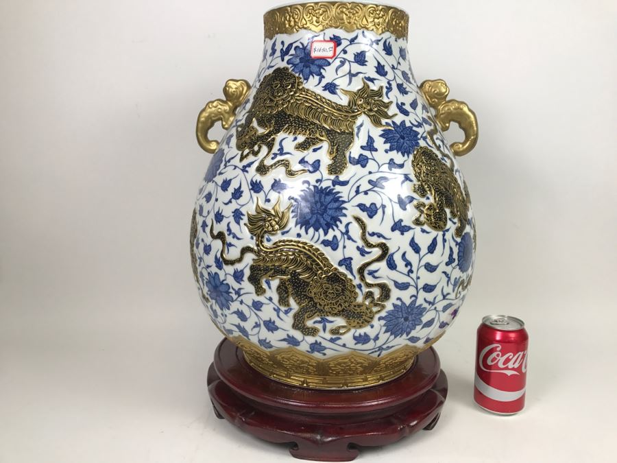 Large Chinese Blue White And Gold Vase With Stand And Silk Box Retailed For $1,650 [Photo 1]