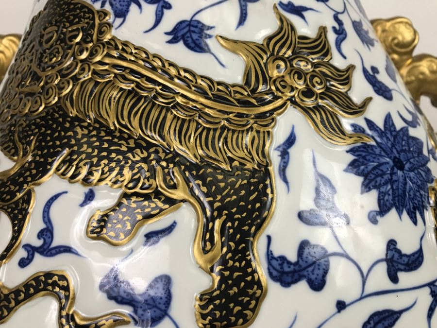 Large Chinese Blue White And Gold Vase With Stand And Silk Box Retailed For $1,650 [Photo 11]