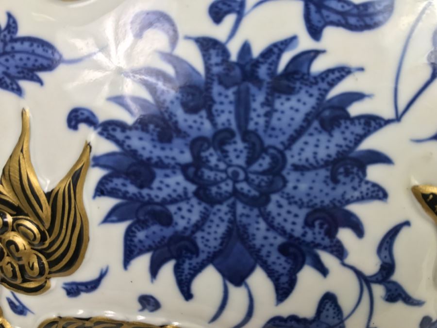 Large Chinese Blue White And Gold Vase With Stand And Silk Box Retailed For $1,650 [Photo 13]