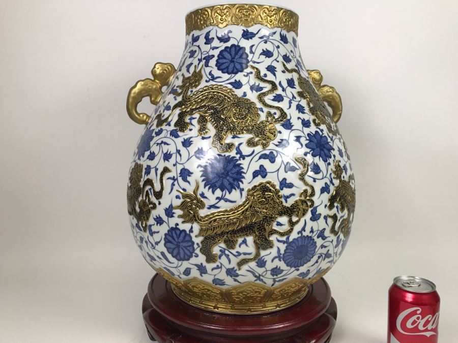 Large Chinese Blue White And Gold Vase With Stand And Silk Box Retailed For $1,650 [Photo 23]