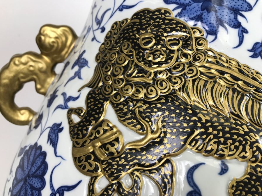 Large Chinese Blue White And Gold Vase With Stand And Silk Box Retailed For $1,650 [Photo 10]