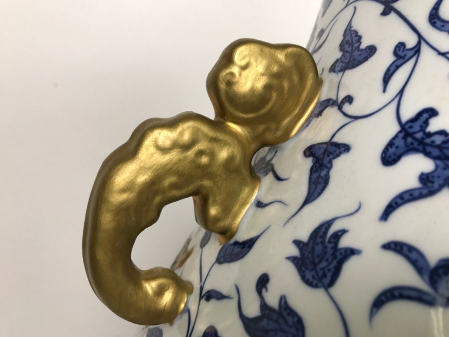 Large Chinese Blue White And Gold Vase With Stand And Silk Box Retailed For $1,650 [Photo 15]