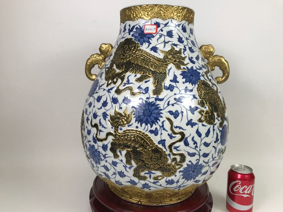 Large Chinese Blue White And Gold Vase With Stand And Silk Box Retailed For $1,650 [Photo 9]