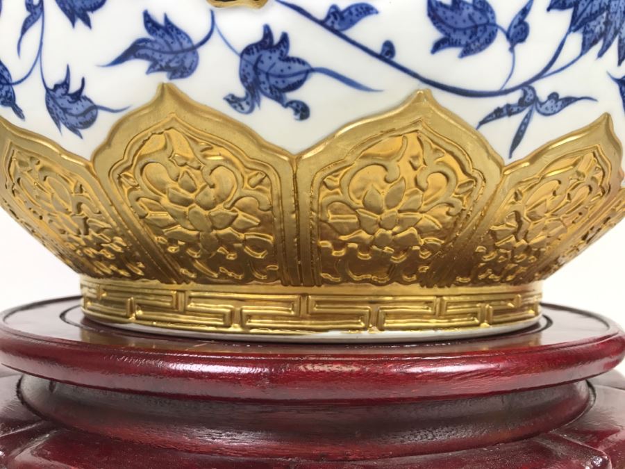Large Chinese Blue White And Gold Vase With Stand And Silk Box Retailed For $1,650 [Photo 14]