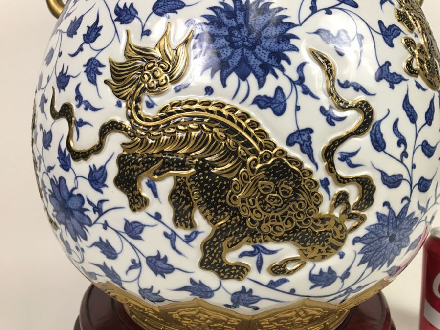 Large Chinese Blue White And Gold Vase With Stand And Silk Box Retailed For $1,650 [Photo 12]