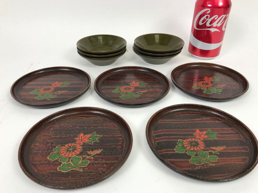 5 Floral Round Trays + 6 Japanese Signed Green Bowls