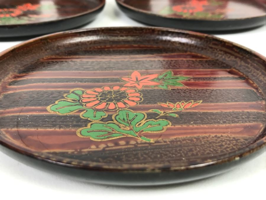 5 Floral Round Trays + 6 Japanese Signed Green Bowls [Photo 4]
