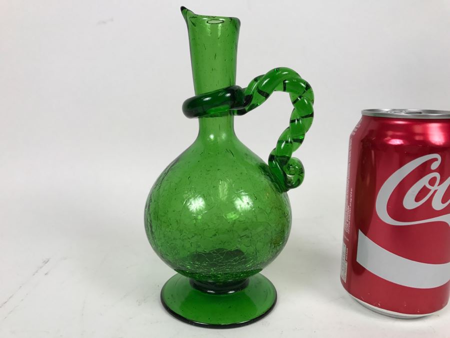 Vintage Green Japanese Art Glass Hand Blown Pitcher Ewer With Crackle Glass And Twisted Handle
