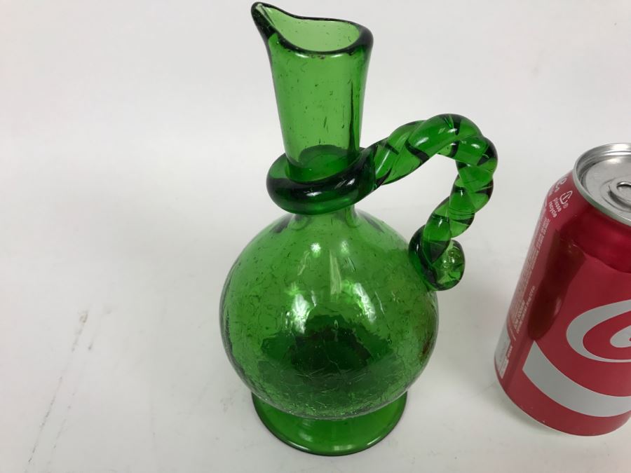Vintage Green Japanese Art Glass Hand Blown Pitcher Ewer With Crackle Glass And Twisted Handle [Photo 2]