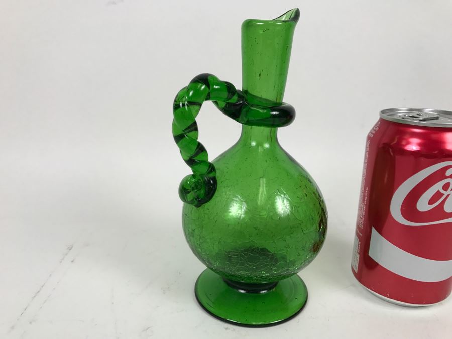 Vintage Green Japanese Art Glass Hand Blown Pitcher Ewer With Crackle Glass And Twisted Handle [Photo 7]
