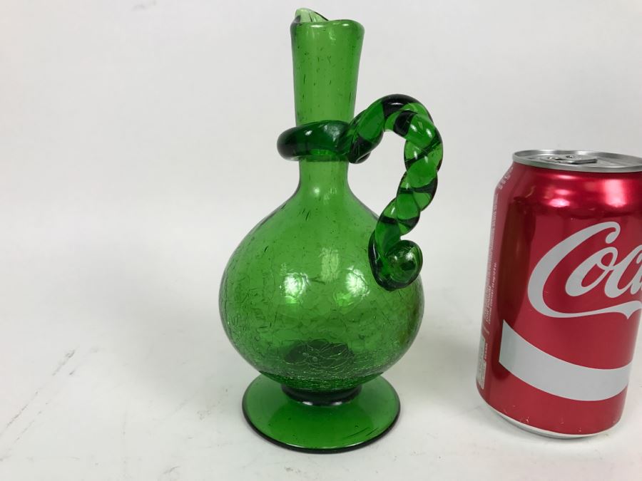 Vintage Green Japanese Art Glass Hand Blown Pitcher Ewer With Crackle Glass And Twisted Handle [Photo 3]