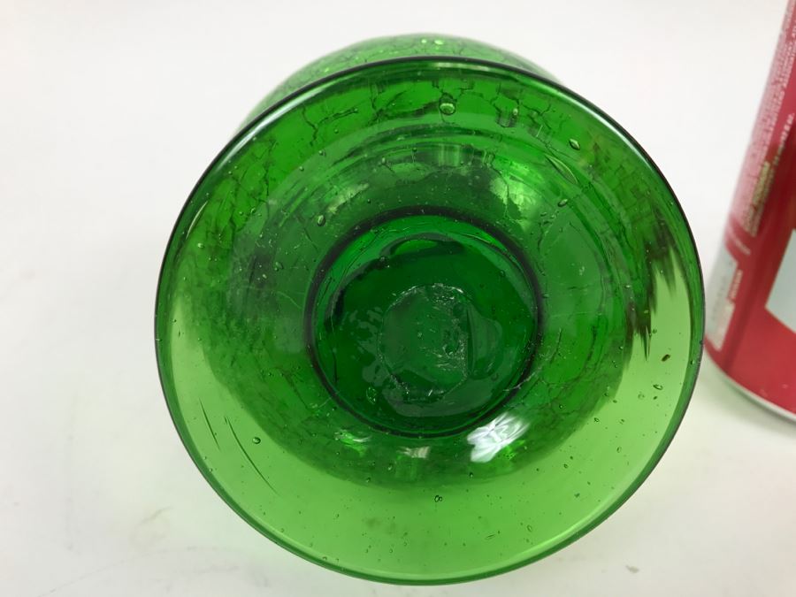 Vintage Green Japanese Art Glass Hand Blown Pitcher Ewer With Crackle Glass And Twisted Handle [Photo 9]