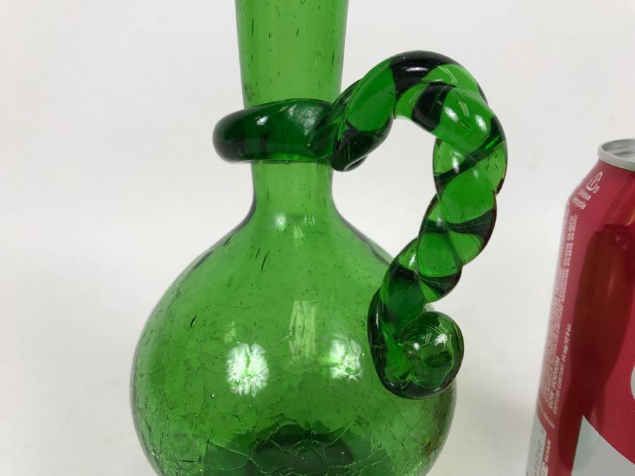 Vintage Green Japanese Art Glass Hand Blown Pitcher Ewer With Crackle Glass And Twisted Handle [Photo 4]