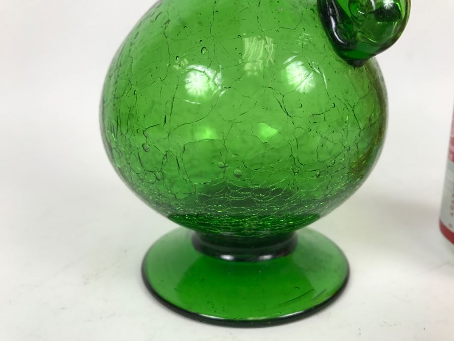Vintage Green Japanese Art Glass Hand Blown Pitcher Ewer With Crackle Glass And Twisted Handle [Photo 6]