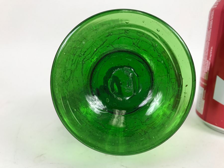 Vintage Green Japanese Art Glass Hand Blown Pitcher Ewer With Crackle Glass And Twisted Handle [Photo 8]