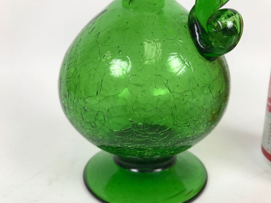 Vintage Green Japanese Art Glass Hand Blown Pitcher Ewer With Crackle Glass And Twisted Handle [Photo 5]