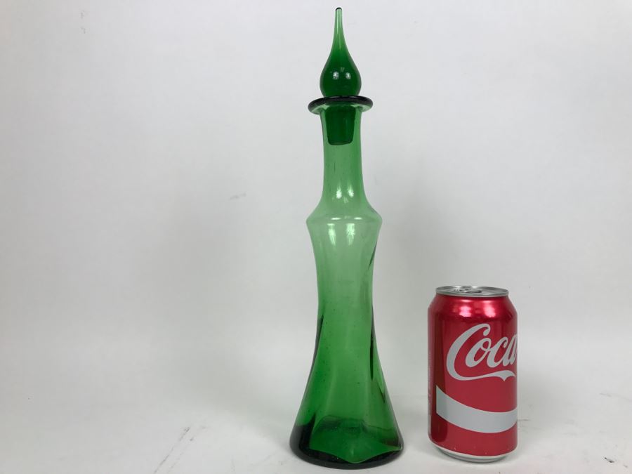 Vintage Japanese Green Hand Blown Art Glass Decanter With Stopper [Photo 4]