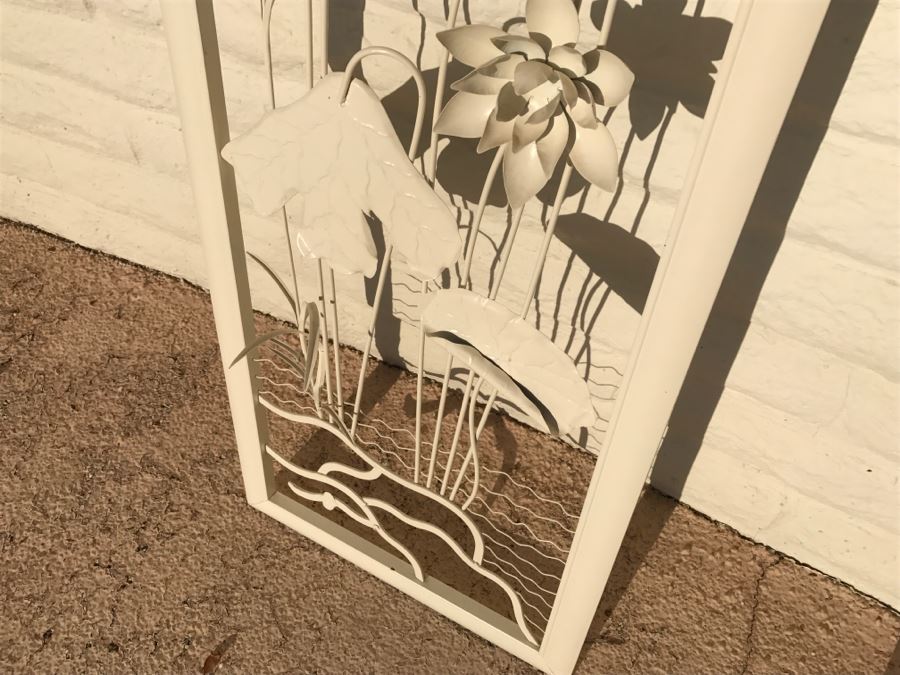 JUST ADDED - Pair Of Large Chinoiserie Framed Floral Motif Metal Sculptures Painted White [Photo 9]