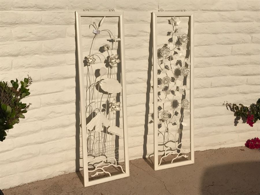 JUST ADDED - Pair Of Large Chinoiserie Framed Floral Motif Metal Sculptures Painted White [Photo 11]