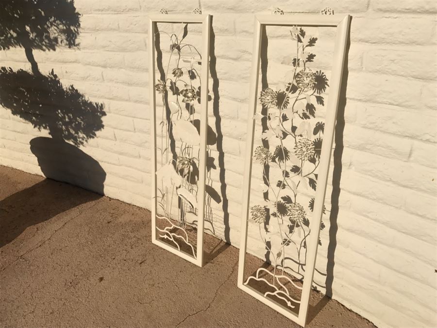 JUST ADDED - Pair Of Large Chinoiserie Framed Floral Motif Metal Sculptures Painted White [Photo 2]