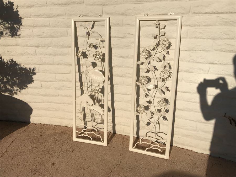 JUST ADDED - Pair Of Large Chinoiserie Framed Floral Motif Metal Sculptures Painted White