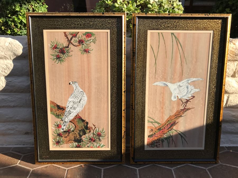 JUST ADDED - Pair Of Framed Asian Influenced Artwork Paintings Falcon And Heron