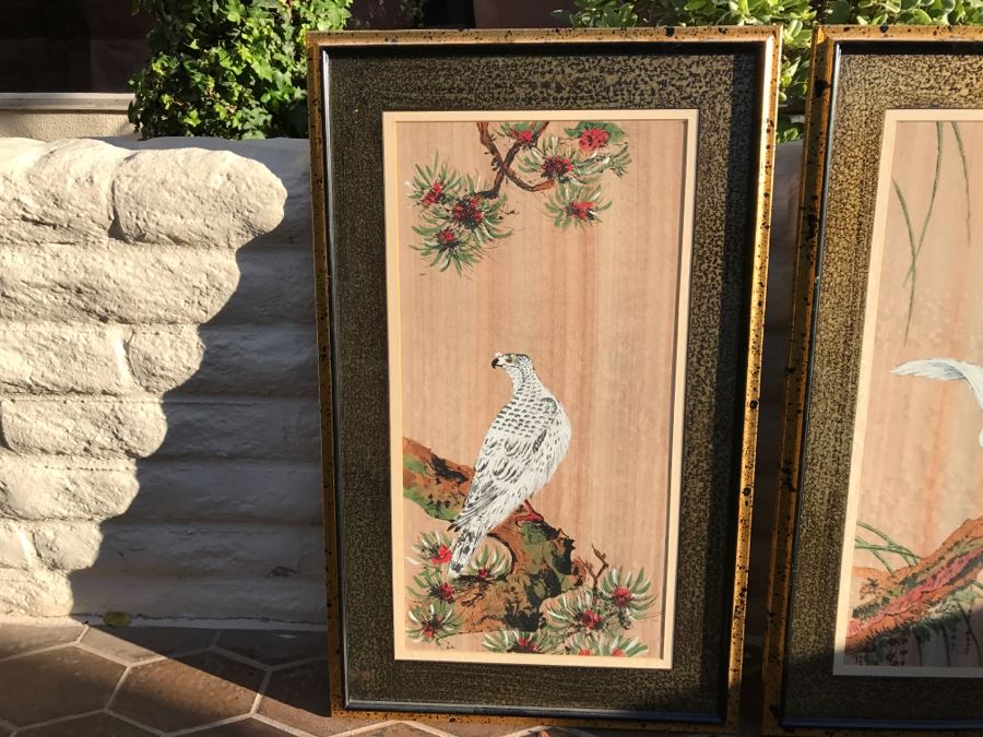 JUST ADDED - Pair Of Framed Asian Influenced Artwork Paintings Falcon And Heron [Photo 3]
