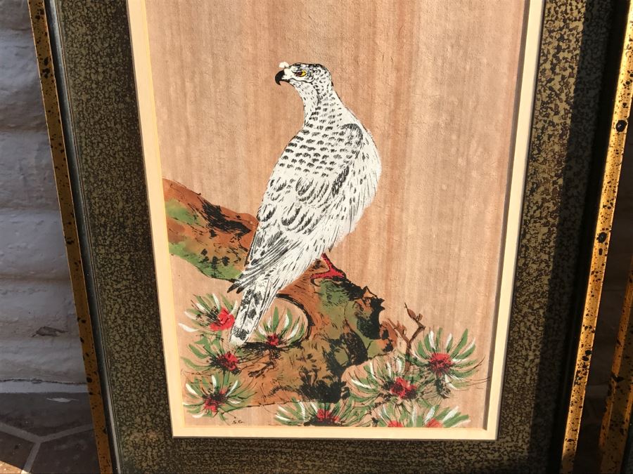 JUST ADDED - Pair Of Framed Asian Influenced Artwork Paintings Falcon And Heron [Photo 4]