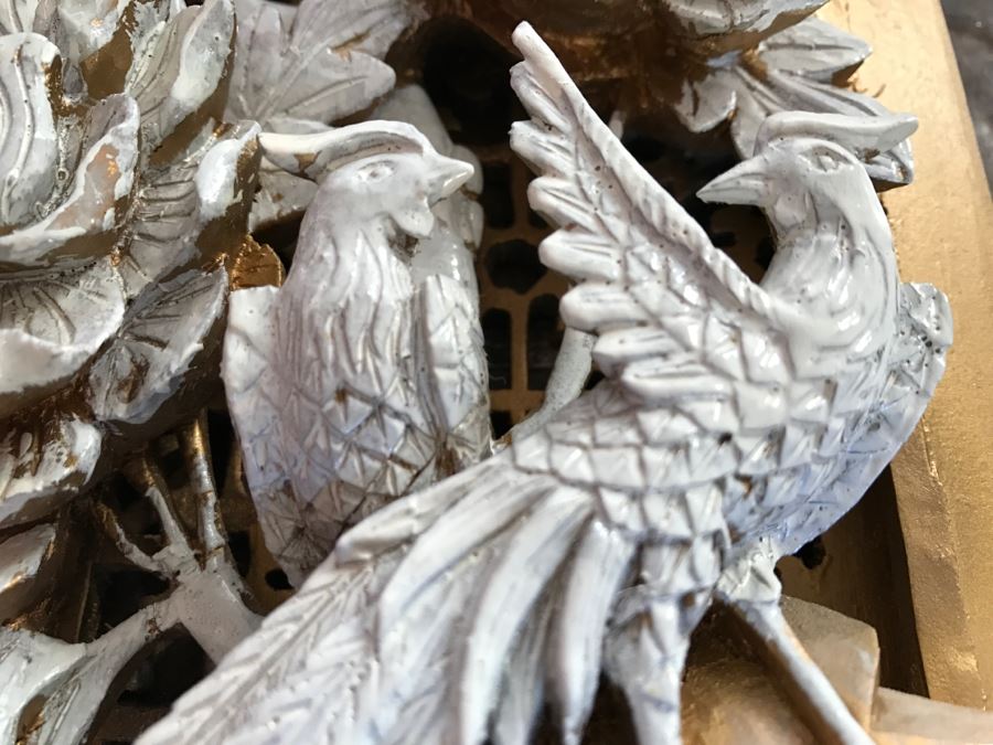 JUST ADDED - Heavily Carved High Relief Wooden Asian Sculpture Painted White With Wooden Frame Floral And Bird Motif [Photo 13]