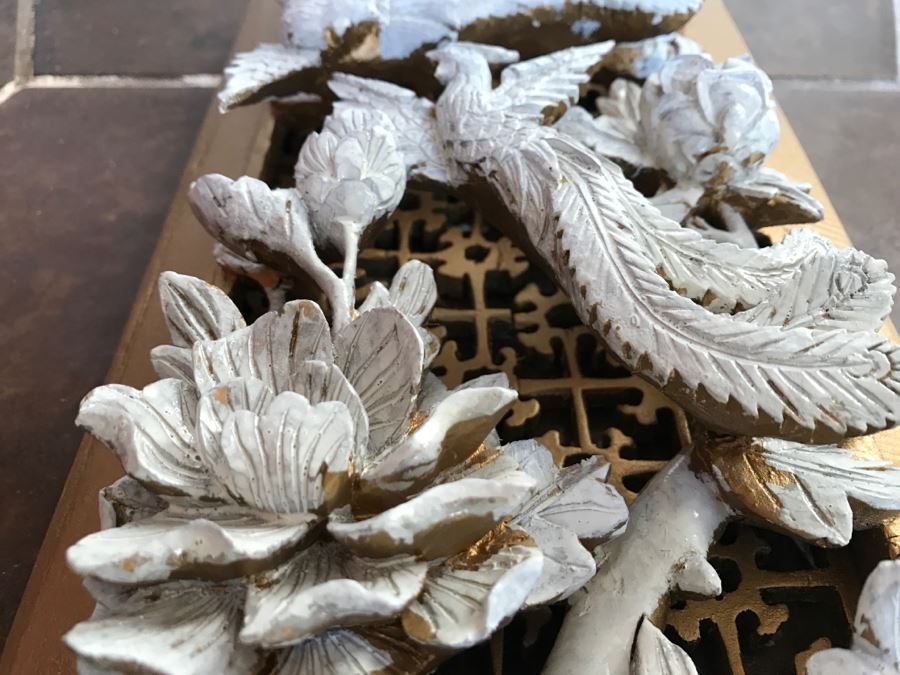 JUST ADDED - Heavily Carved High Relief Wooden Asian Sculpture Painted White With Wooden Frame Floral And Bird Motif [Photo 7]