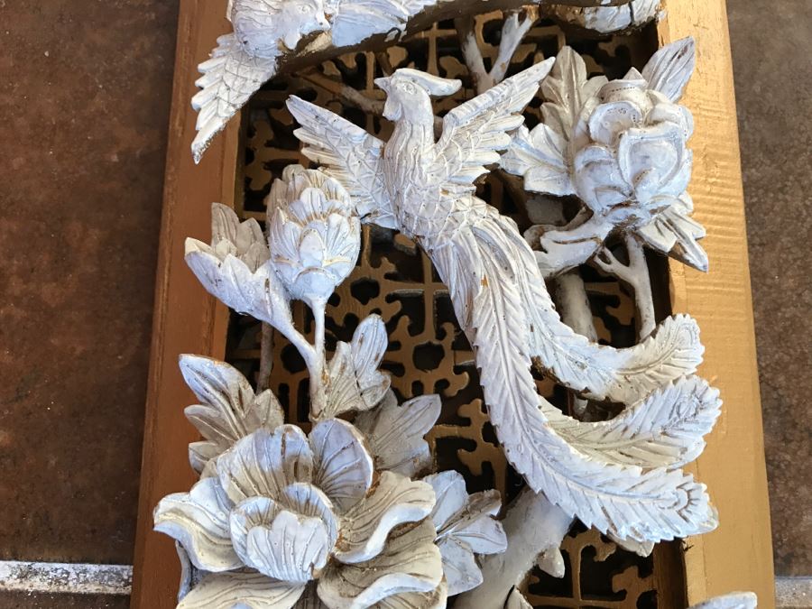 JUST ADDED - Heavily Carved High Relief Wooden Asian Sculpture Painted White With Wooden Frame Floral And Bird Motif [Photo 5]