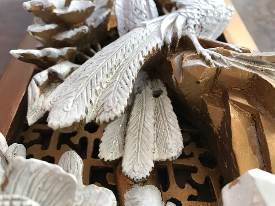 JUST ADDED - Heavily Carved High Relief Wooden Asian Sculpture Painted White With Wooden Frame Floral And Bird Motif [Photo 12]