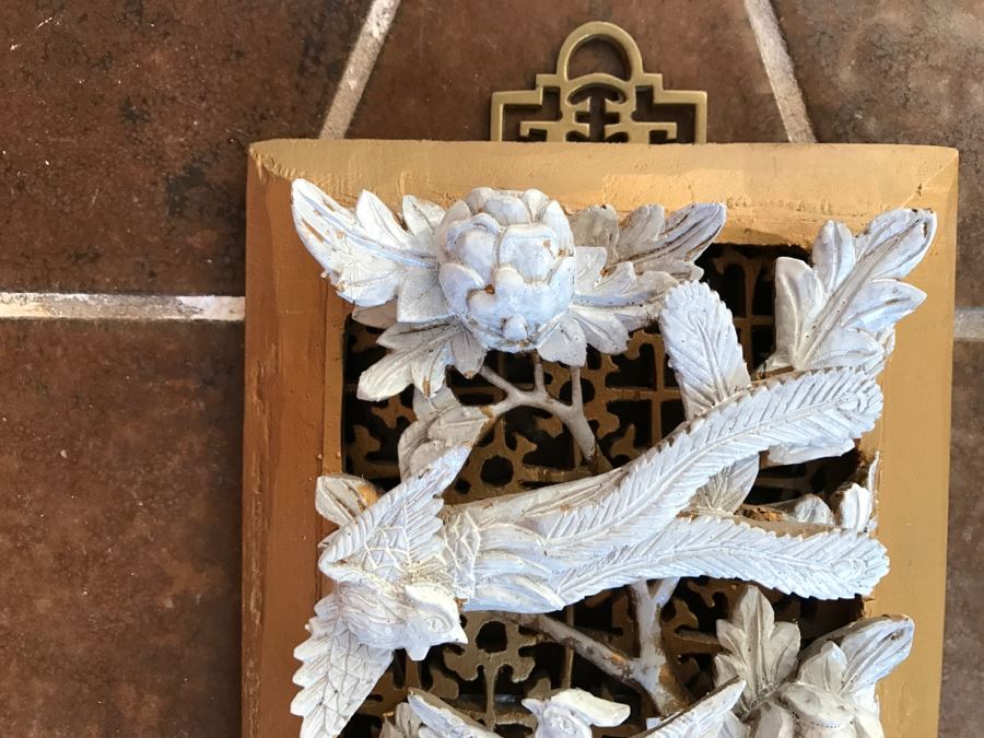 JUST ADDED - Heavily Carved High Relief Wooden Asian Sculpture Painted White With Wooden Frame Floral And Bird Motif [Photo 4]