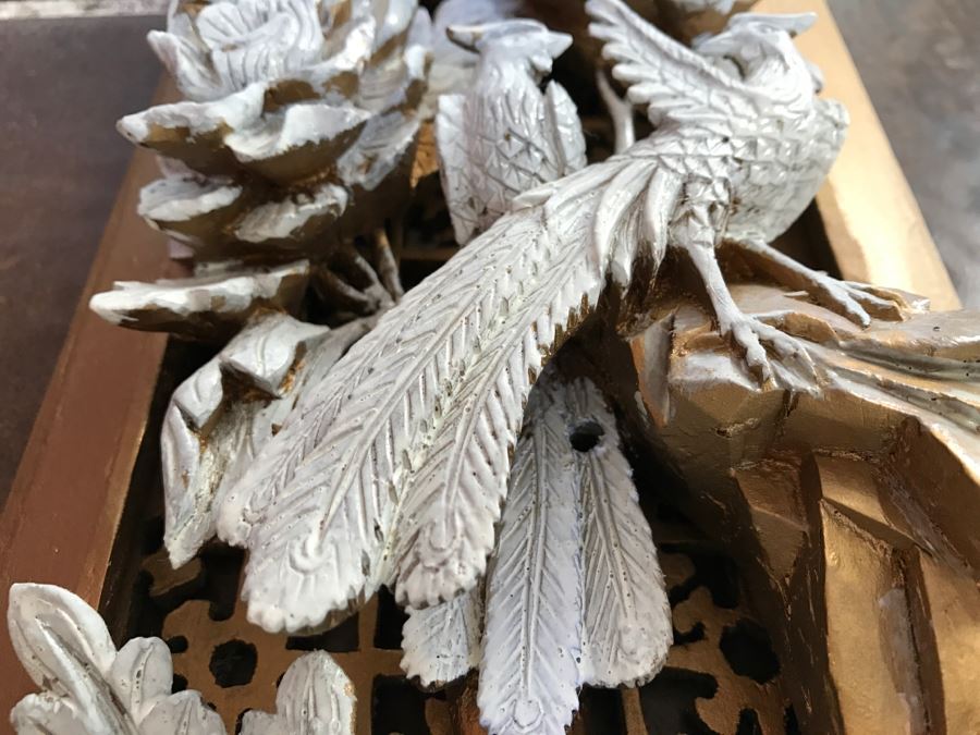 JUST ADDED - Heavily Carved High Relief Wooden Asian Sculpture Painted White With Wooden Frame Floral And Bird Motif [Photo 3]