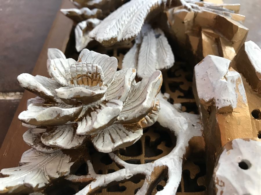 JUST ADDED - Heavily Carved High Relief Wooden Asian Sculpture Painted White With Wooden Frame Floral And Bird Motif [Photo 11]