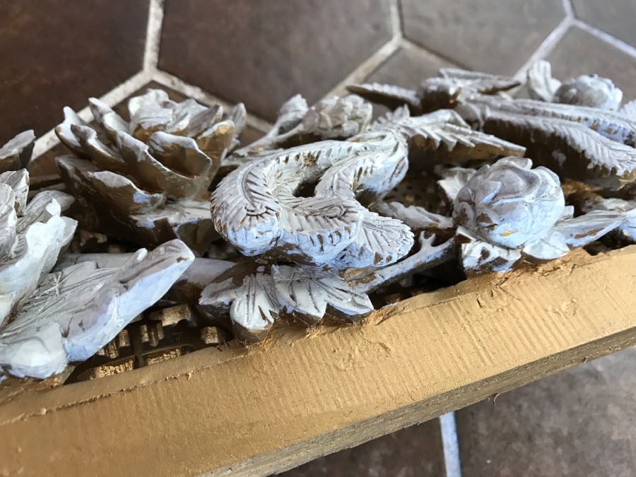 JUST ADDED - Heavily Carved High Relief Wooden Asian Sculpture Painted White With Wooden Frame Floral And Bird Motif [Photo 16]