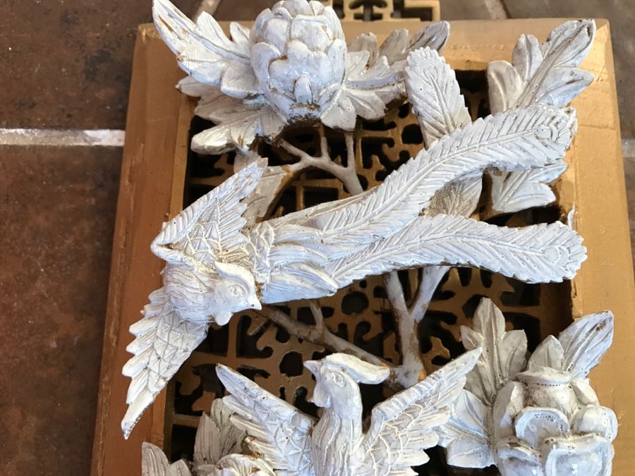 JUST ADDED - Heavily Carved High Relief Wooden Asian Sculpture Painted White With Wooden Frame Floral And Bird Motif [Photo 6]