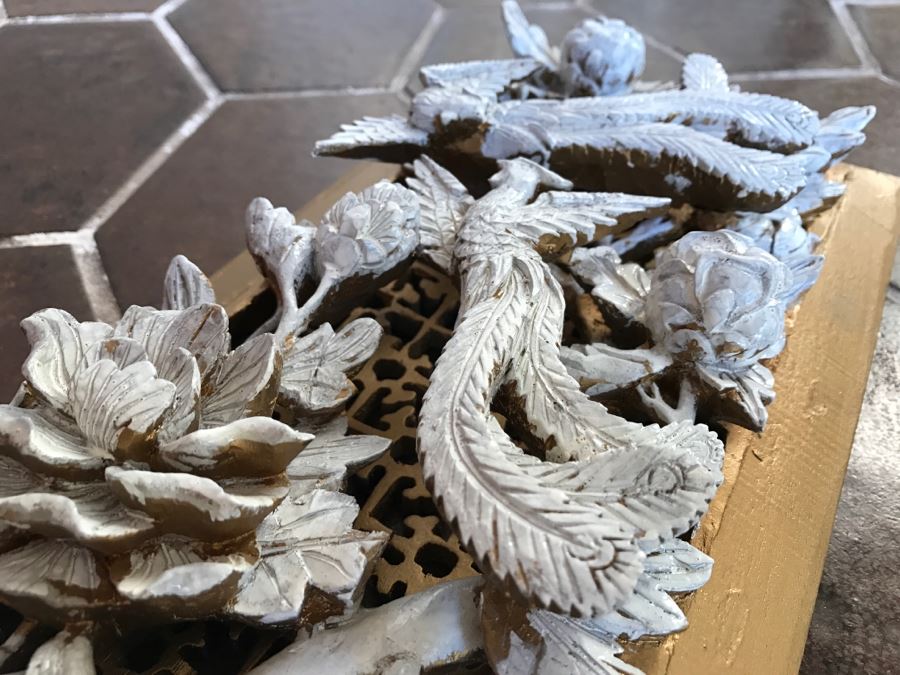 JUST ADDED - Heavily Carved High Relief Wooden Asian Sculpture Painted White With Wooden Frame Floral And Bird Motif [Photo 15]