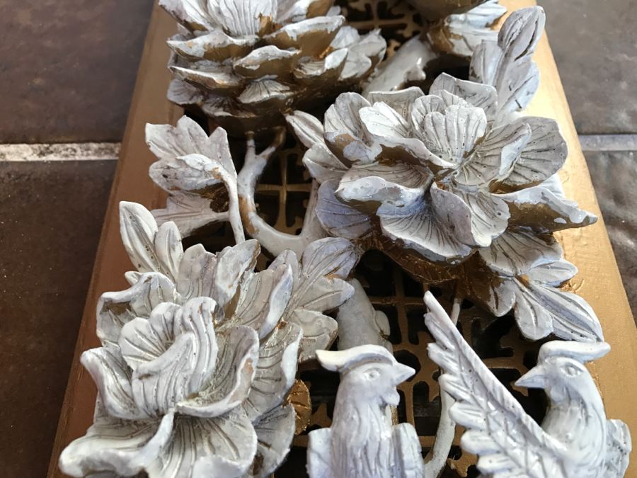 JUST ADDED - Heavily Carved High Relief Wooden Asian Sculpture Painted White With Wooden Frame Floral And Bird Motif [Photo 8]